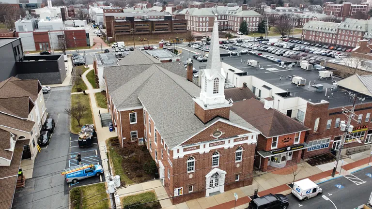 Aerial view of Newark United Methodist Church, home of First State Ringers