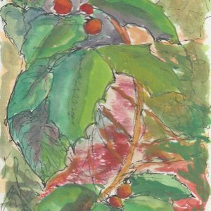 Painting of green holly leaves with bright red berries, set against reddish brown ground