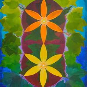 Painting of radiating circular pattern above a woodland landscape