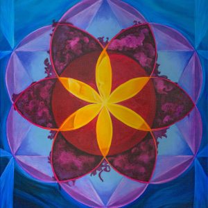 Painting of radiating pattern with yellow at the center surrounded by reds, purples, and blues