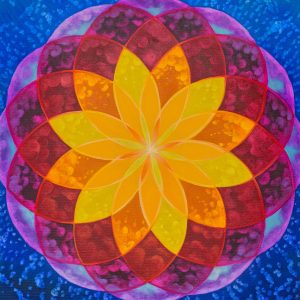 Painting of radiating pattern with yellow at the center surrounded by reds, purples, and blues with seafoam texture