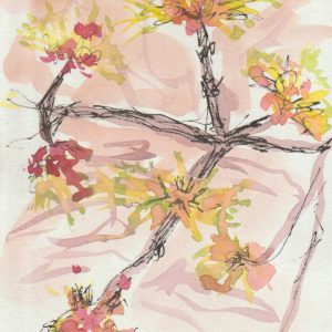 painting of red maple flowers against a soft brown ground