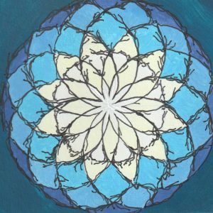 painting of a radiating circular pattern with white at the center surrounded by soft blues